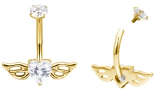 Arete de ombligo dorado con alas y corazón de zirconia